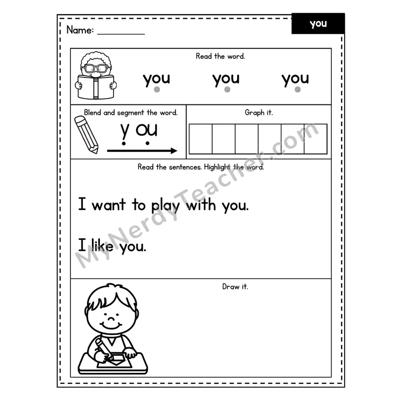Sight Word Worksheet — you (Blend, Segment, Highlight Sentences)