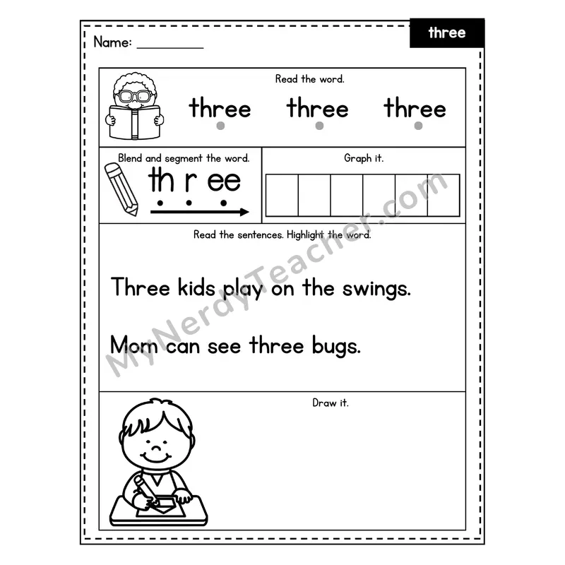 Sight Word Worksheet — three (Blend, Segment, Highlight Sentences)