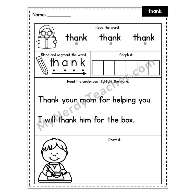 Sight Word Worksheet — thank (Blend, Segment, Highlight Sentences)