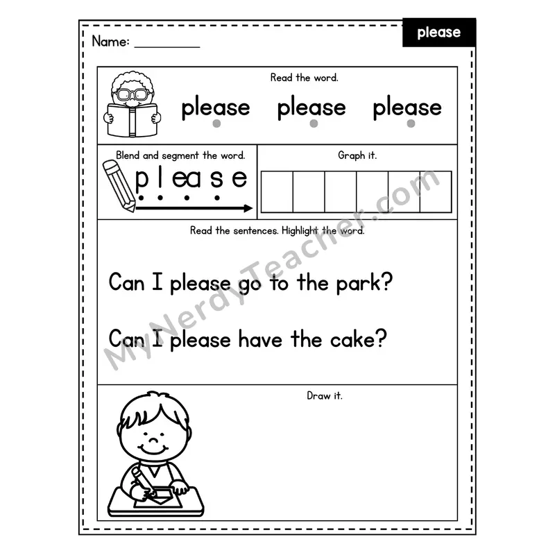 Sight Word Worksheet — please (Blend, Segment, Highlight Sentences)