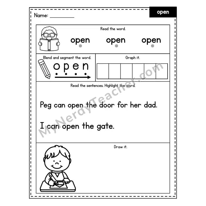 Sight Word Worksheet — open (Blend, Segment, Highlight Sentences)