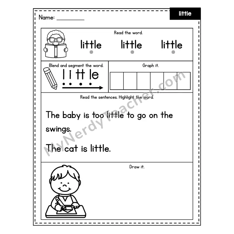 Sight Word Worksheet — little (Blend, Segment, Highlight Sentences)