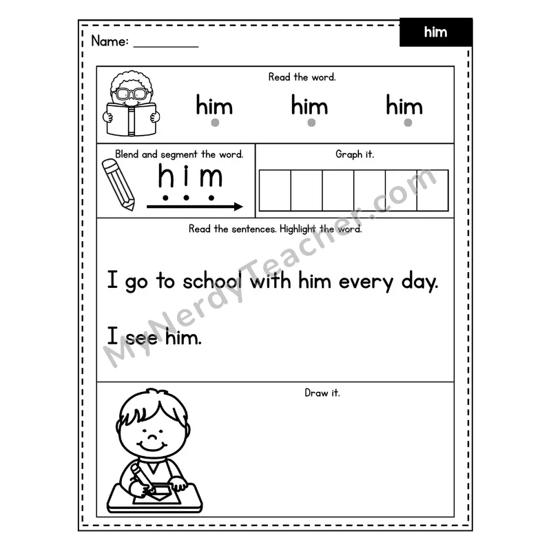 Sight Word Worksheet — him (Blend, Segment, Highlight Sentences)