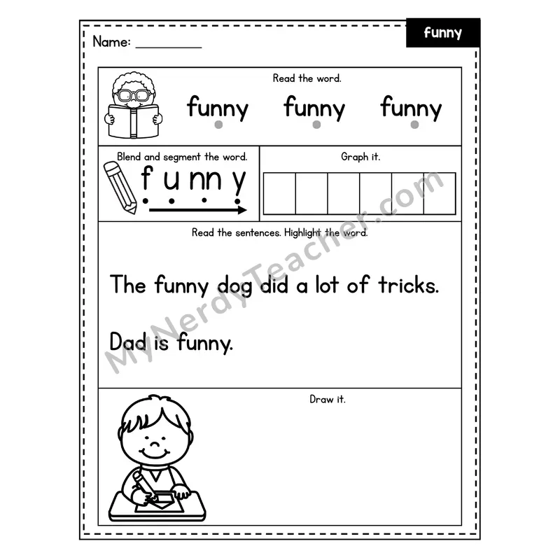 Sight Word Worksheet — funny (Blend, Segment, Highlight Sentences)