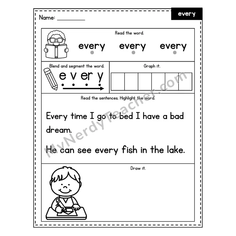 Sight Word Worksheet — every (Blend, Segment, Highlight Sentences)
