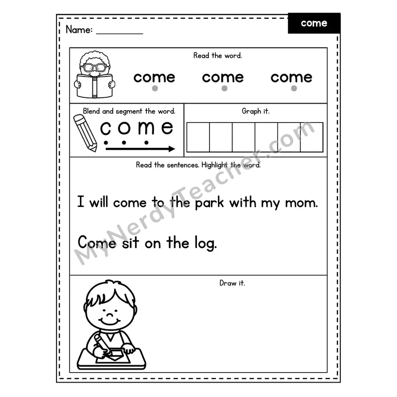 Sight Word Worksheet — come (Blend, Segment, Highlight Sentences)