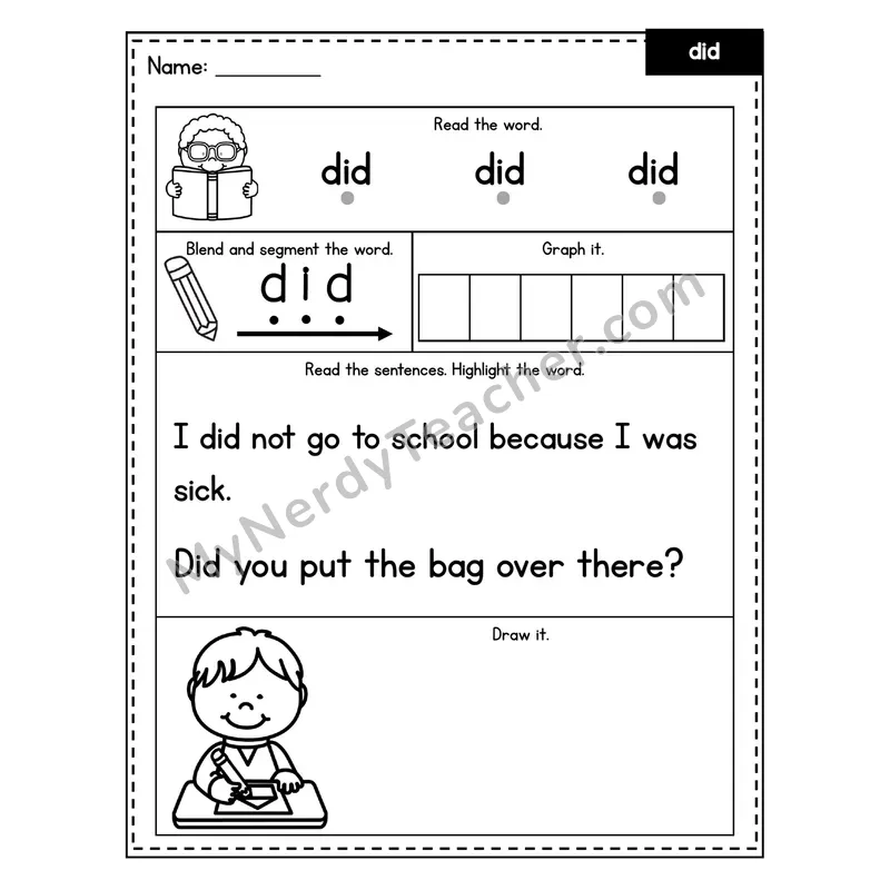 Sight Word Worksheet — did (Blend, Segment, Highlight Sentences)