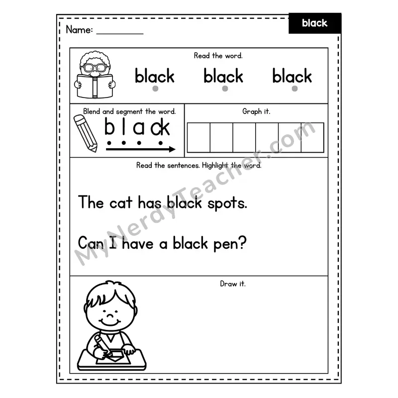 Sight Word Worksheet — black (Blend, Segment, Highlight Sentences)