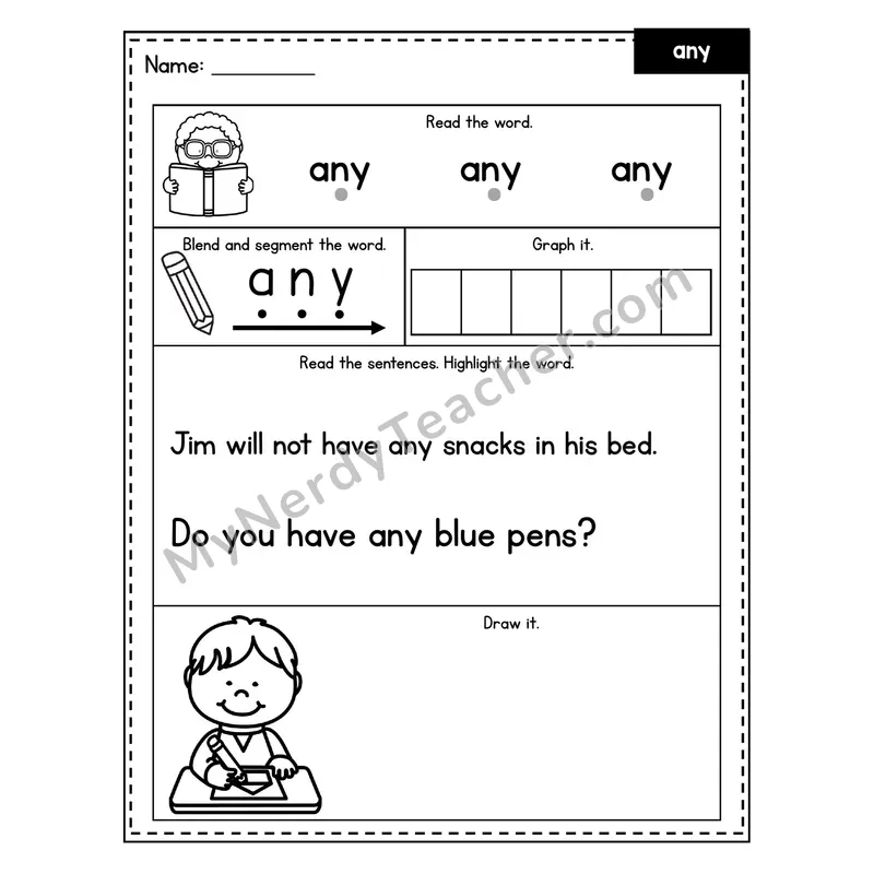 Sight Word Worksheet — any (Blend, Segment, Highlight Sentences)