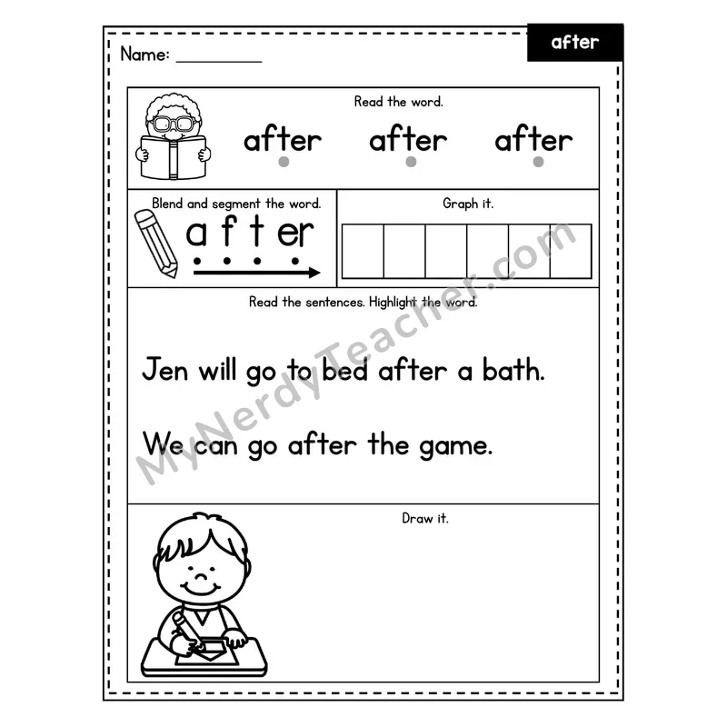 Sight Word Worksheet — after (Blend, Segment, Highlight Sentences)
