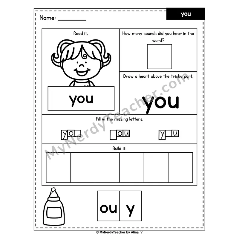 Heart Word Worksheet — you (Sound Count, Heart Tricky Part, Build It)