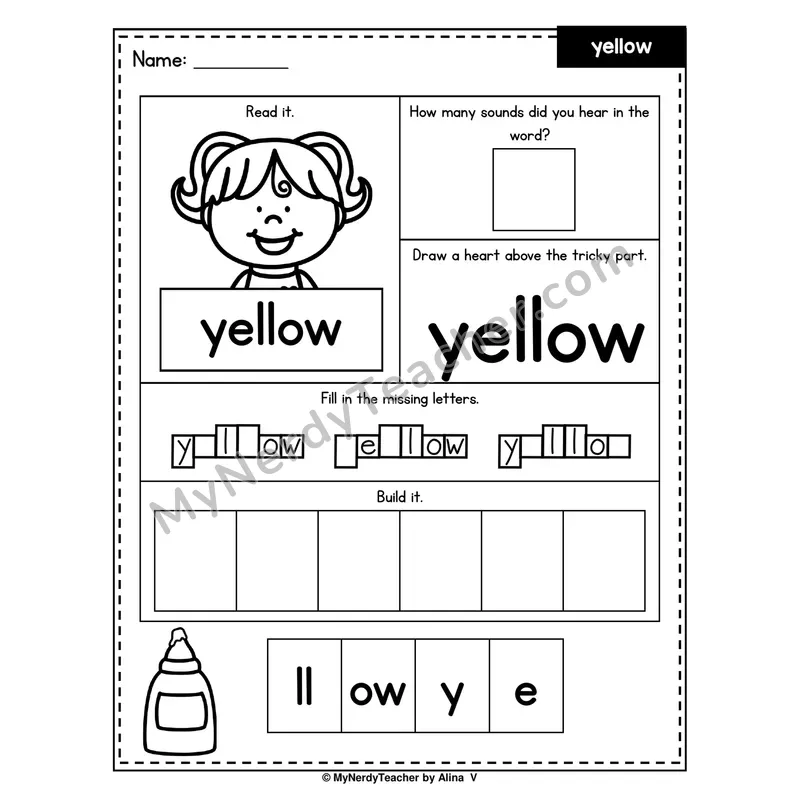 Heart Word Worksheet — yellow (Sound Count, Heart Tricky Part, Build It)