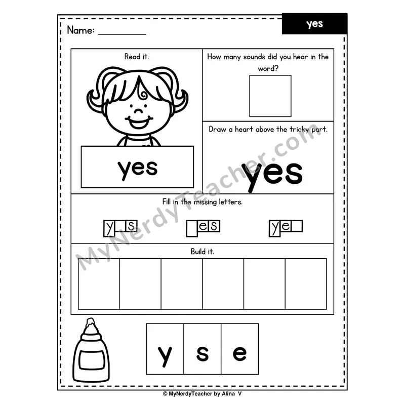 Heart Word Worksheet — yes (Sound Count, Heart Tricky Part, Build It)