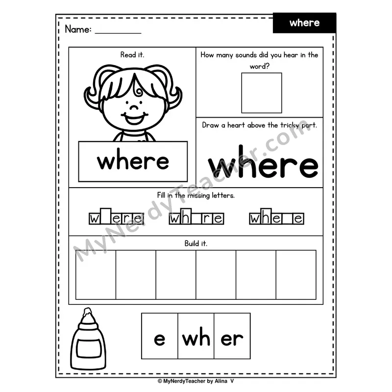 Heart Word Worksheet — where (Sound Count, Heart Tricky Part, Build It)