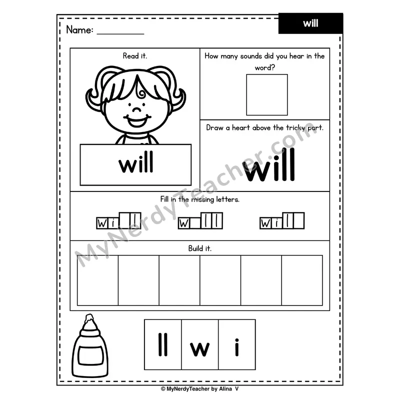 Heart Word Worksheet — will (Sound Count, Heart Tricky Part, Build It)