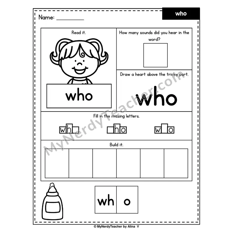 Heart Word Worksheet — who (Sound Count, Heart Tricky Part, Build It)