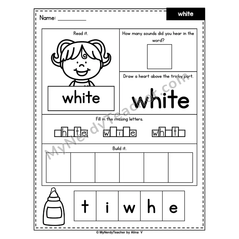 Heart Word Worksheet — white (Sound Count, Heart Tricky Part, Build It)