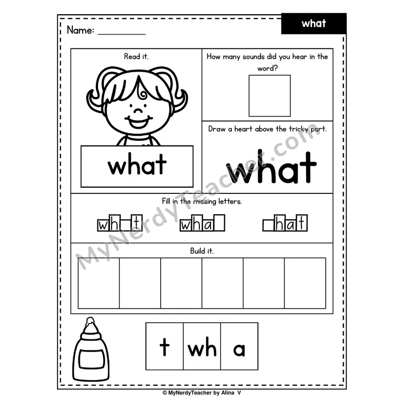 Heart Word Worksheet — what (Sound Count, Heart Tricky Part, Build It)