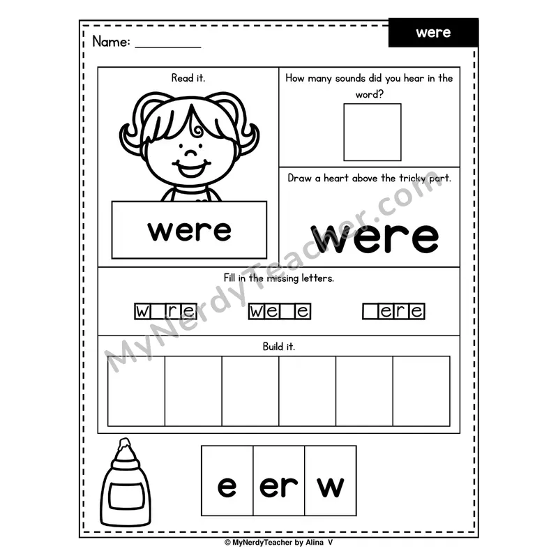 Heart Word Worksheet — were (Sound Count, Heart Tricky Part, Build It)