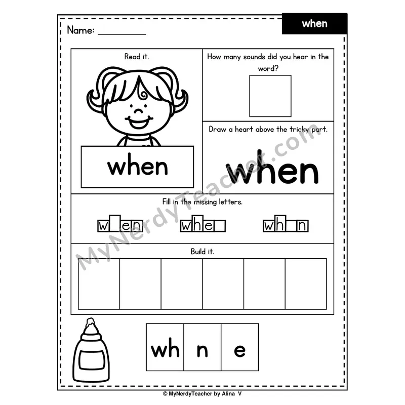 Heart Word Worksheet — when (Sound Count, Heart Tricky Part, Build It)
