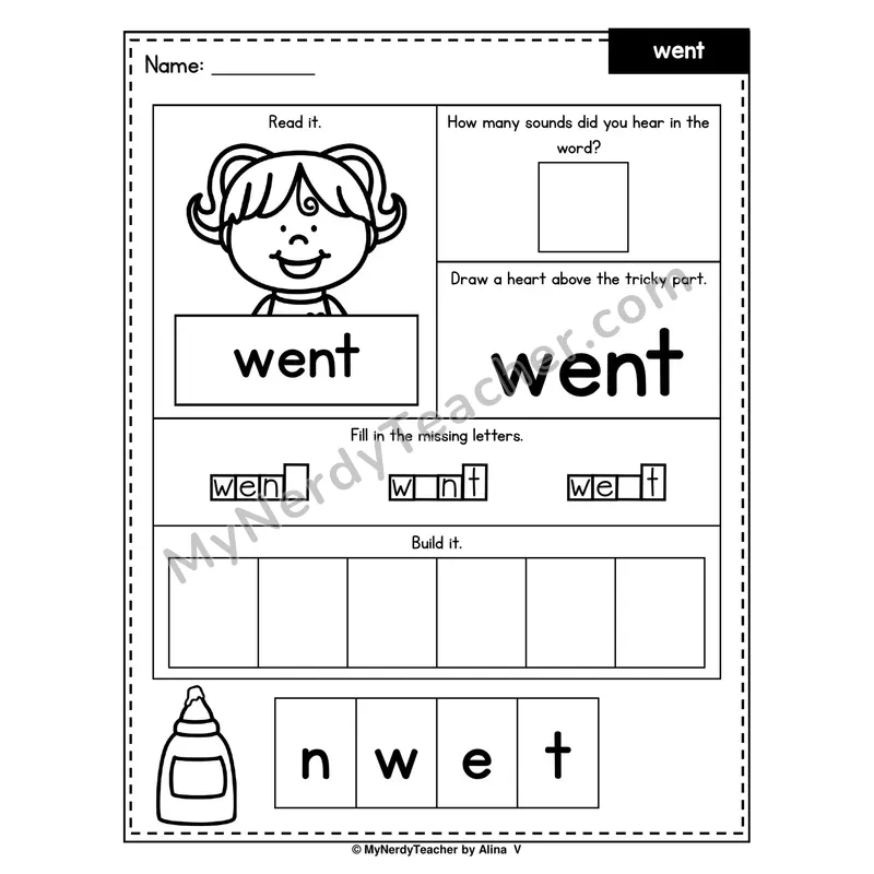 Heart Word Worksheet — went (Sound Count, Heart Tricky Part, Build It)
