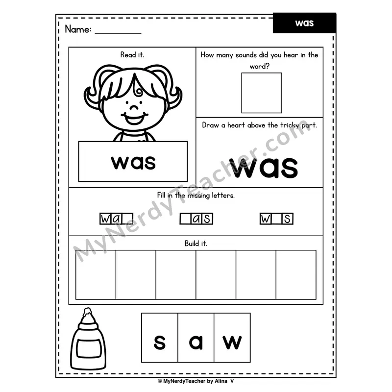 Heart Word Worksheet — was (Sound Count, Heart Tricky Part, Build It)