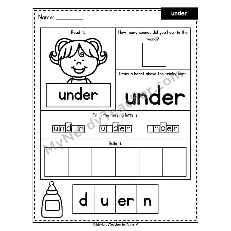 Heart Word Worksheet — under (Sound Count, Heart Tricky Part, Build It)