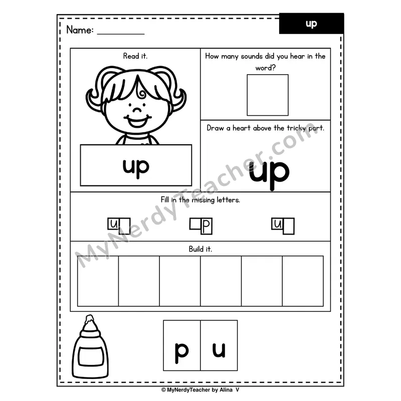 Heart Word Worksheet — up (Sound Count, Heart Tricky Part, Build It)