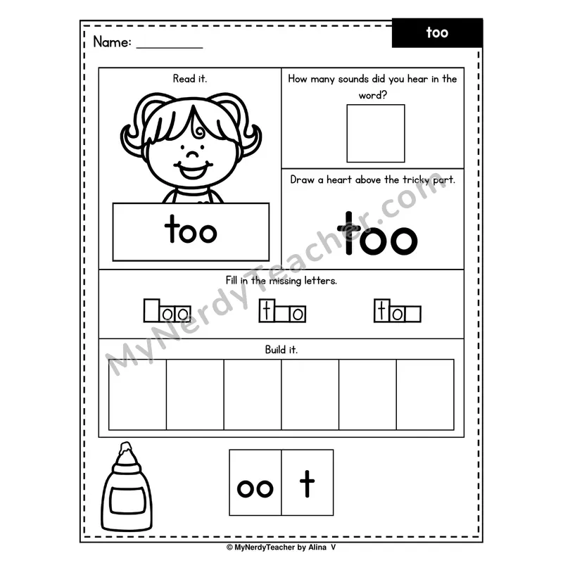 Heart Word Worksheet — too (Sound Count, Heart Tricky Part, Build It)