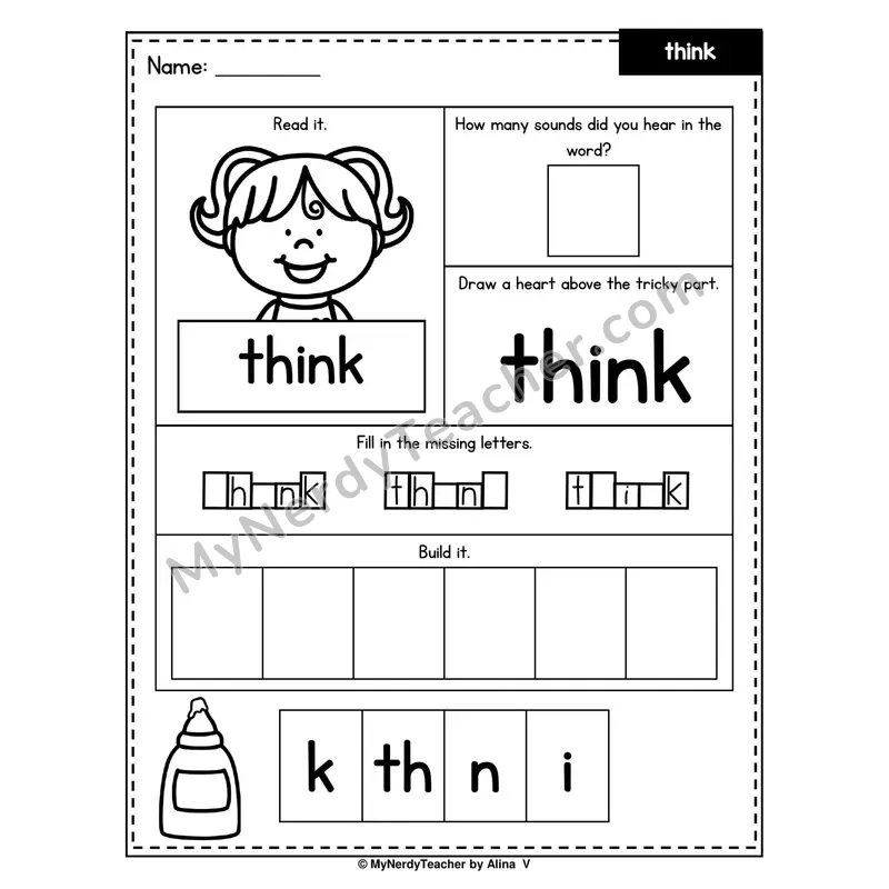 Heart Word Worksheet — think (Sound Count, Heart Tricky Part, Build It)