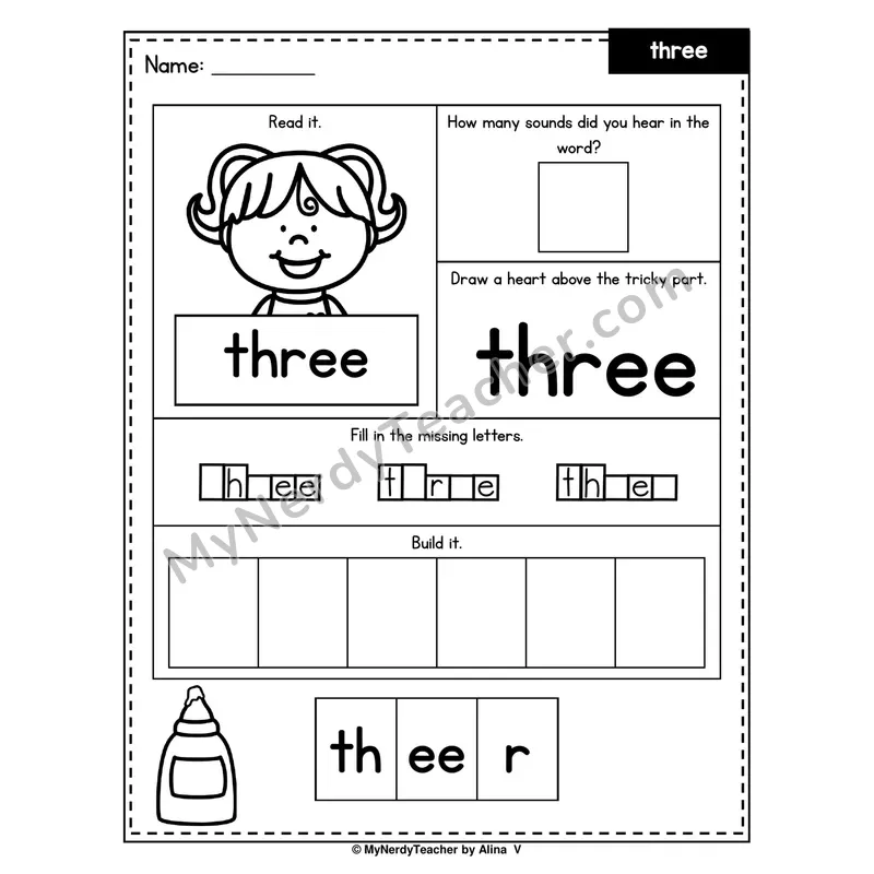 Heart Word Worksheet — three (Sound Count, Heart Tricky Part, Build It)