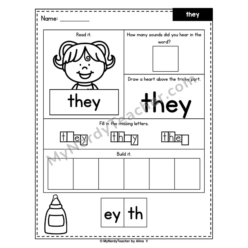 Heart Word Worksheet — they (Sound Count, Heart Tricky Part, Build It)