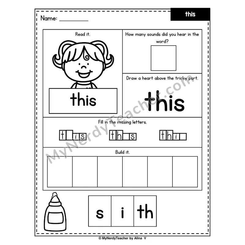 Heart Word Worksheet — this (Sound Count, Heart Tricky Part, Build It)
