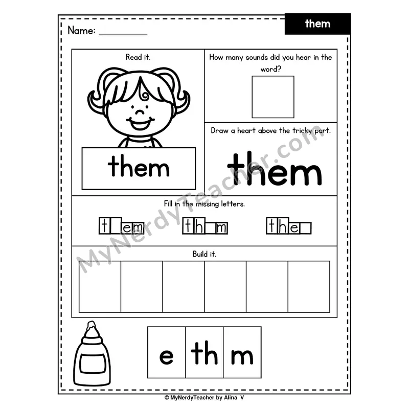 Heart Word Worksheet — them (Sound Count, Heart Tricky Part, Build It)