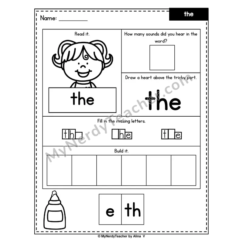 Heart Word Worksheet — the (Sound Count, Heart Tricky Part, Build It)