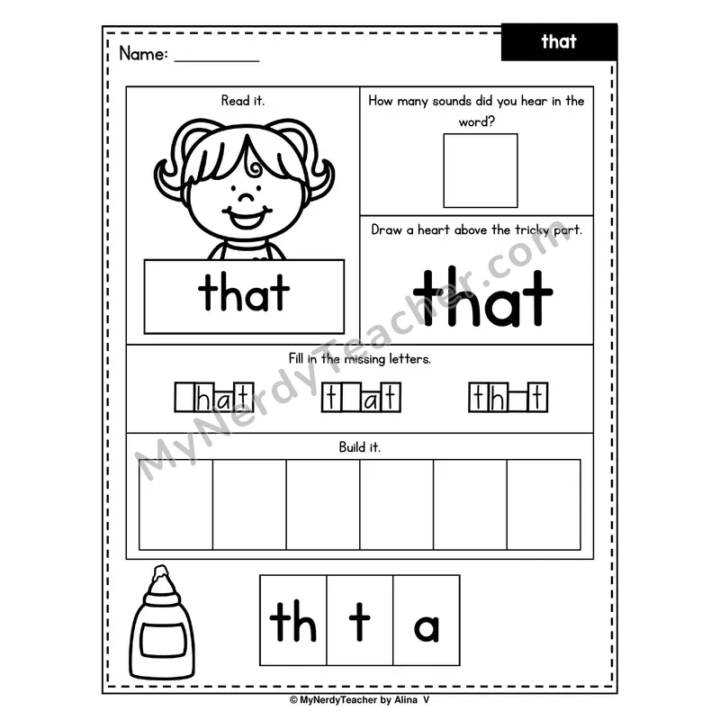 Heart Word Worksheet — that (Sound Count, Heart Tricky Part, Build It)