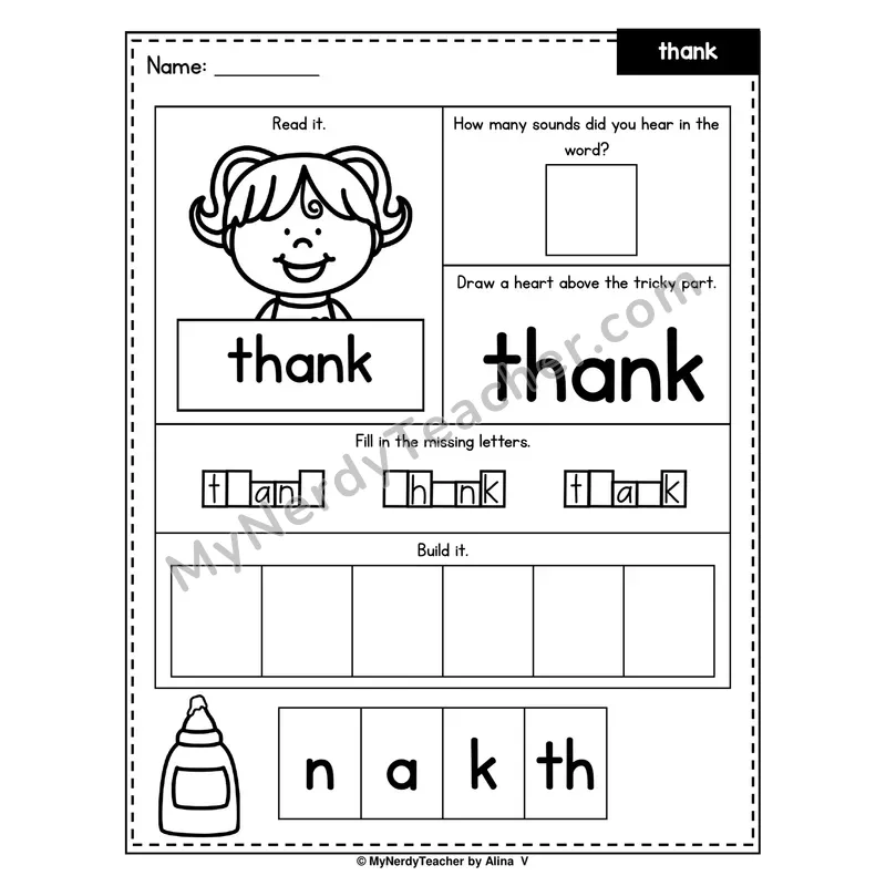 Heart Word Worksheet — thank (Sound Count, Heart Tricky Part, Build It)