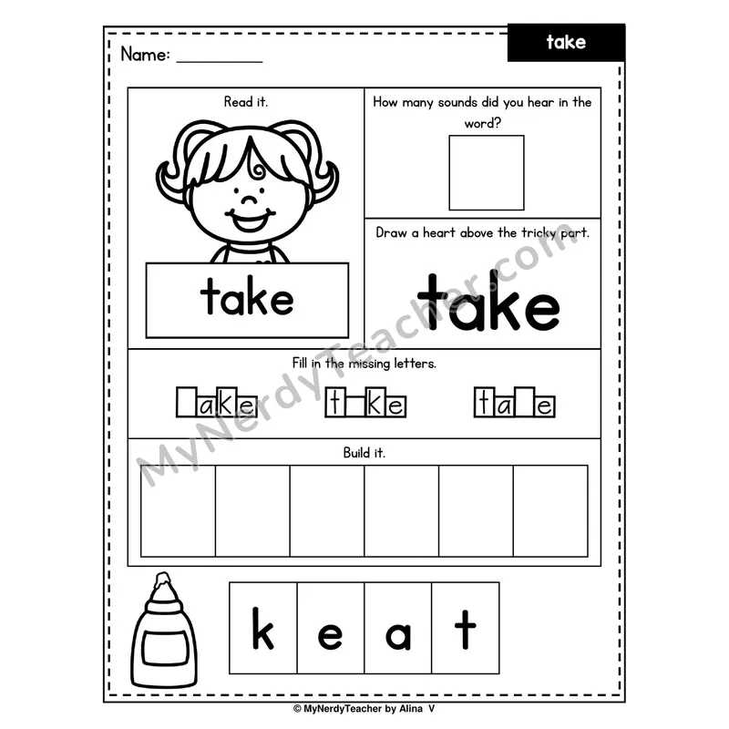 Heart Word Worksheet — take (Sound Count, Heart Tricky Part, Build It)