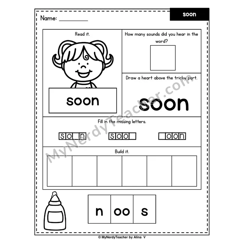 Heart Word Worksheet — soon (Sound Count, Heart Tricky Part, Build It)
