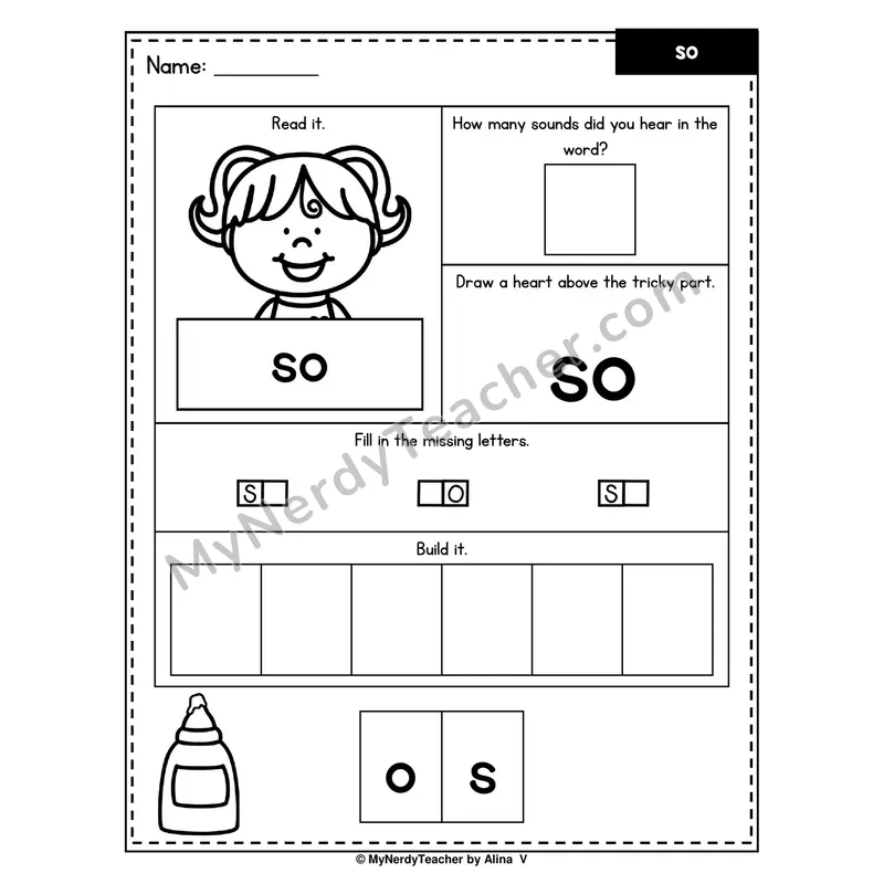 Heart Word Worksheet — so (Sound Count, Heart Tricky Part, Build It)