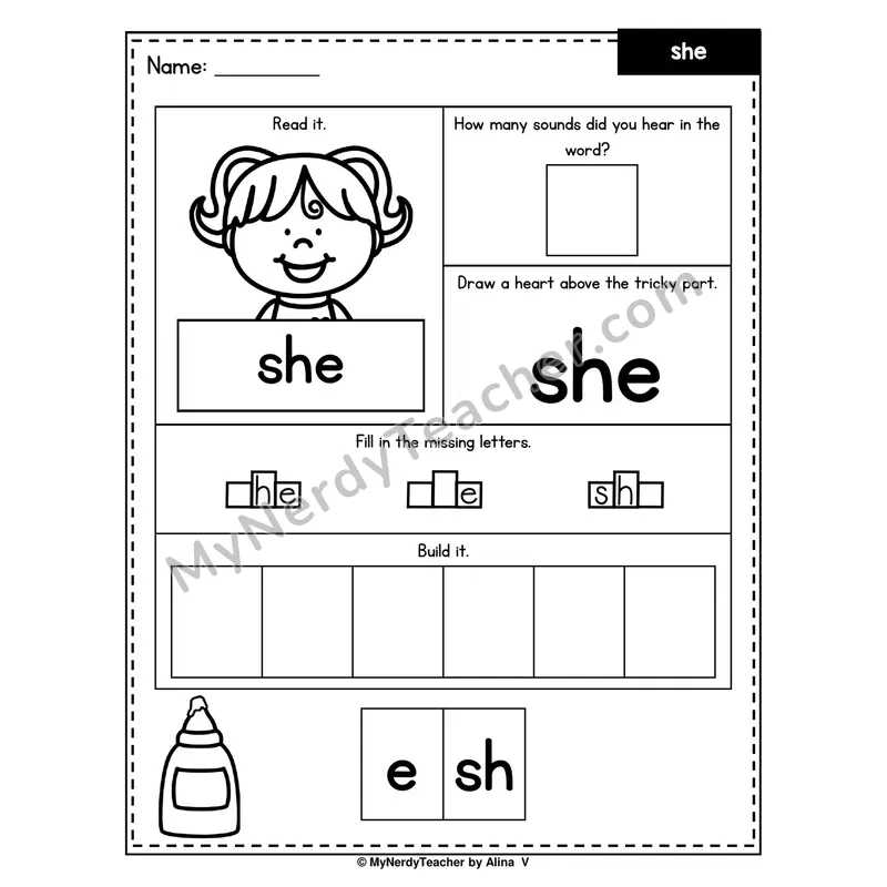 Heart Word Worksheet — she (Sound Count, Heart Tricky Part, Build It)