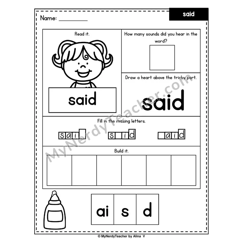 Heart Word Worksheet — said (Sound Count, Heart Tricky Part, Build It)