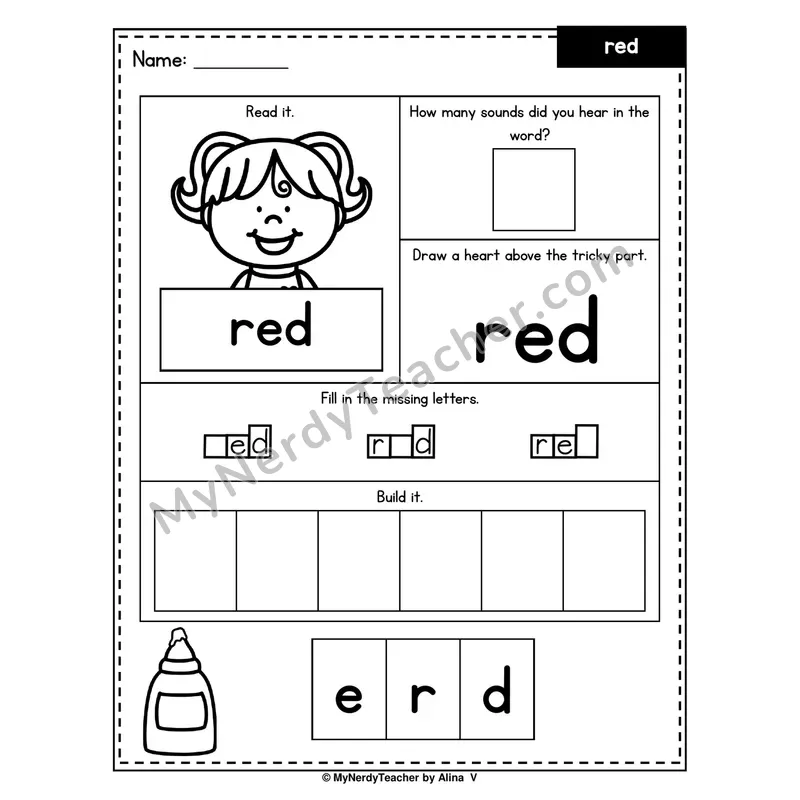 Heart Word Worksheet — red (Sound Count, Heart Tricky Part, Build It)
