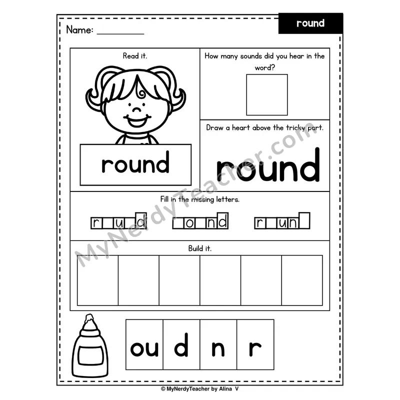 Heart Word Worksheet — round (Sound Count, Heart Tricky Part, Build It)