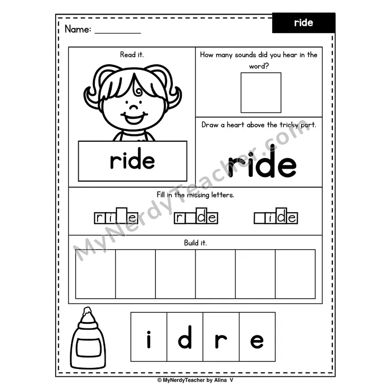 Heart Word Worksheet — ride (Sound Count, Heart Tricky Part, Build It)