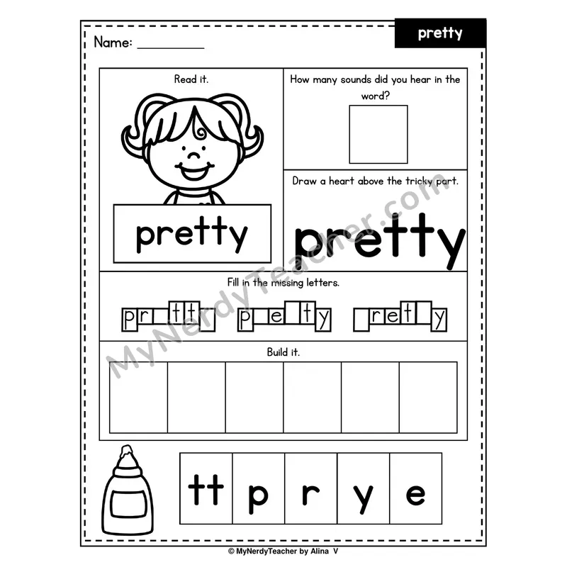 Heart Word Worksheet — pretty (Sound Count, Heart Tricky Part, Build It)