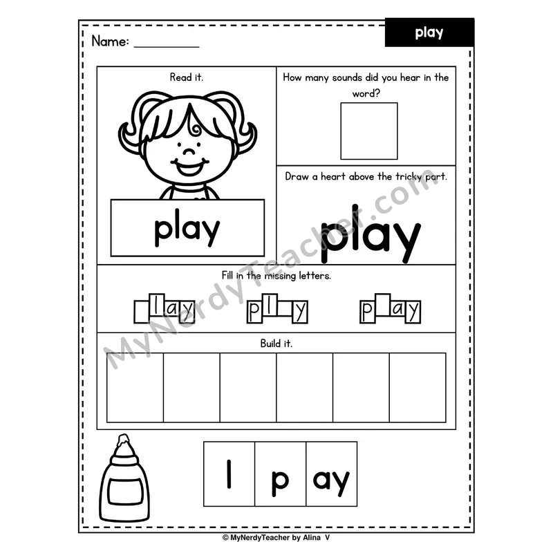 Heart Word Worksheet — play (Sound Count, Heart Tricky Part, Build It)