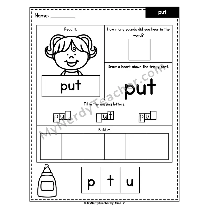 Heart Word Worksheet — put (Sound Count, Heart Tricky Part, Build It)
