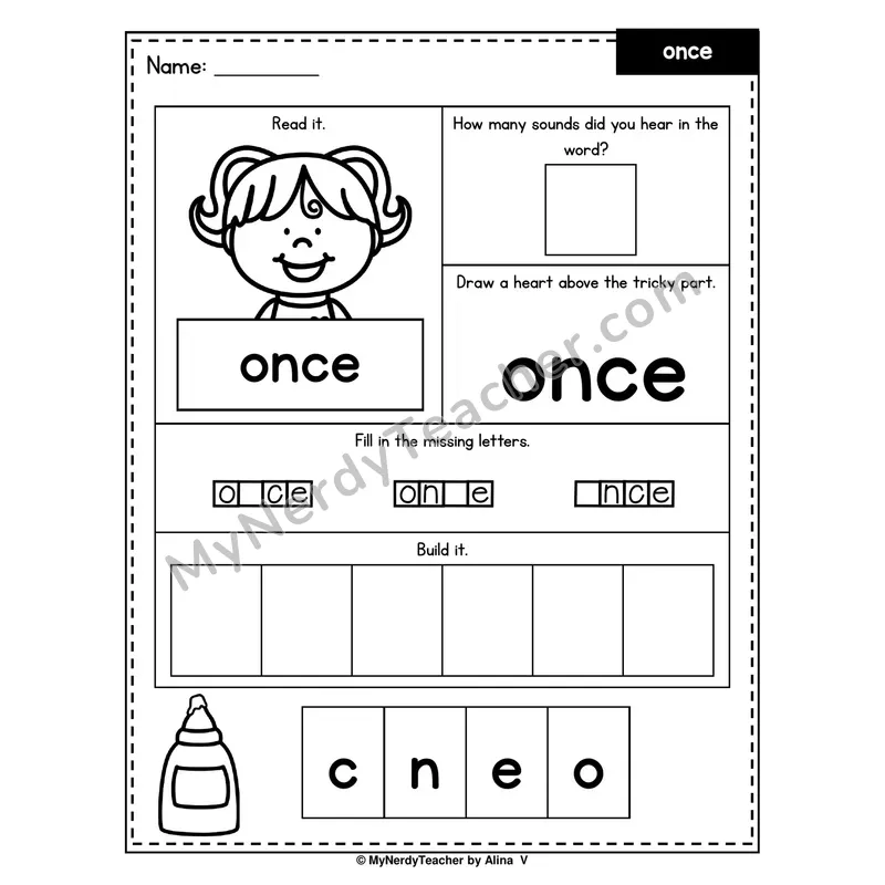 Heart Word Worksheet — once (Sound Count, Heart Tricky Part, Build It)