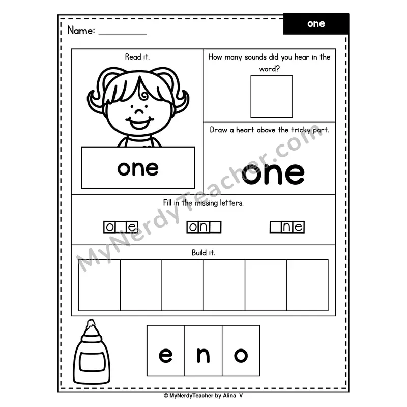 Heart Word Worksheet — one (Sound Count, Heart Tricky Part, Build It)